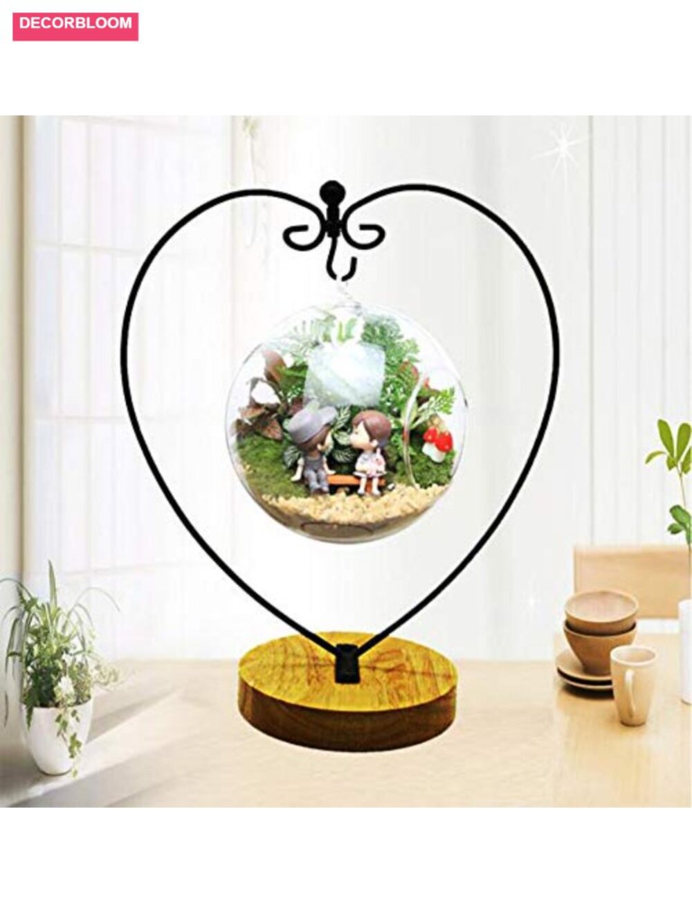 Heart Ornament Display Stand Iron Hook Wood Base Terrarium Hanger Home Decor